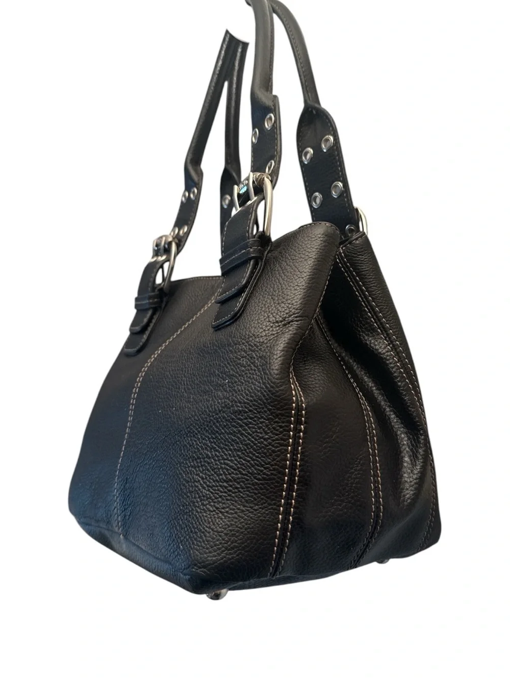 Tignanello Black Pebbled Leather Shoulder Bag with Buckle Straps